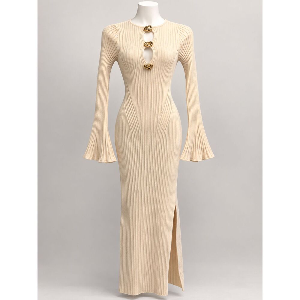 Future Collective Cream Ribbed Knit Bodycon Maxi Dress Gold Hardware M NWT